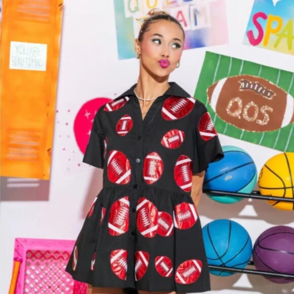 QUEEN OF SPARKLES | Black & Red Football Romper | NEW/NEVER WORN | Size: XS - Picture 5 of 9